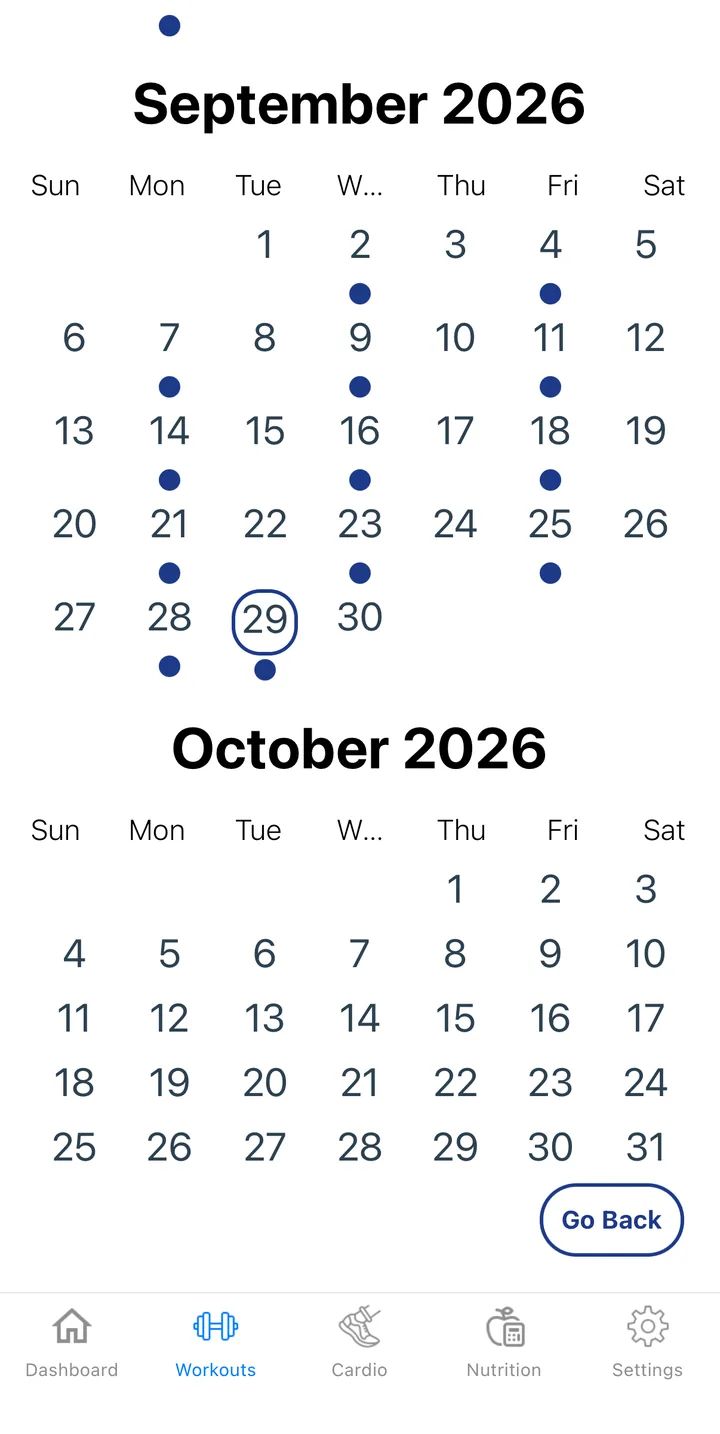 The Copy Previous Workout picker: a calendar with the last workout day marked