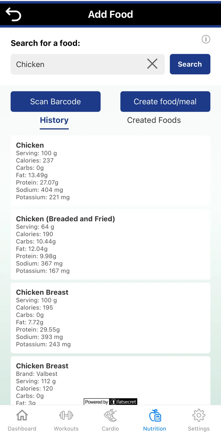 The Add Food screen with search results for chicken, a Scan Barcode button and Create food/meal