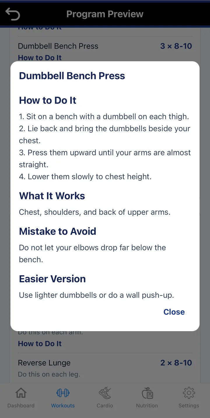 The exercise notes for Dumbbell Bench Press inside a program preview: How to Do It in four numbered steps, What It Works, Mistake to Avoid and Easier Version