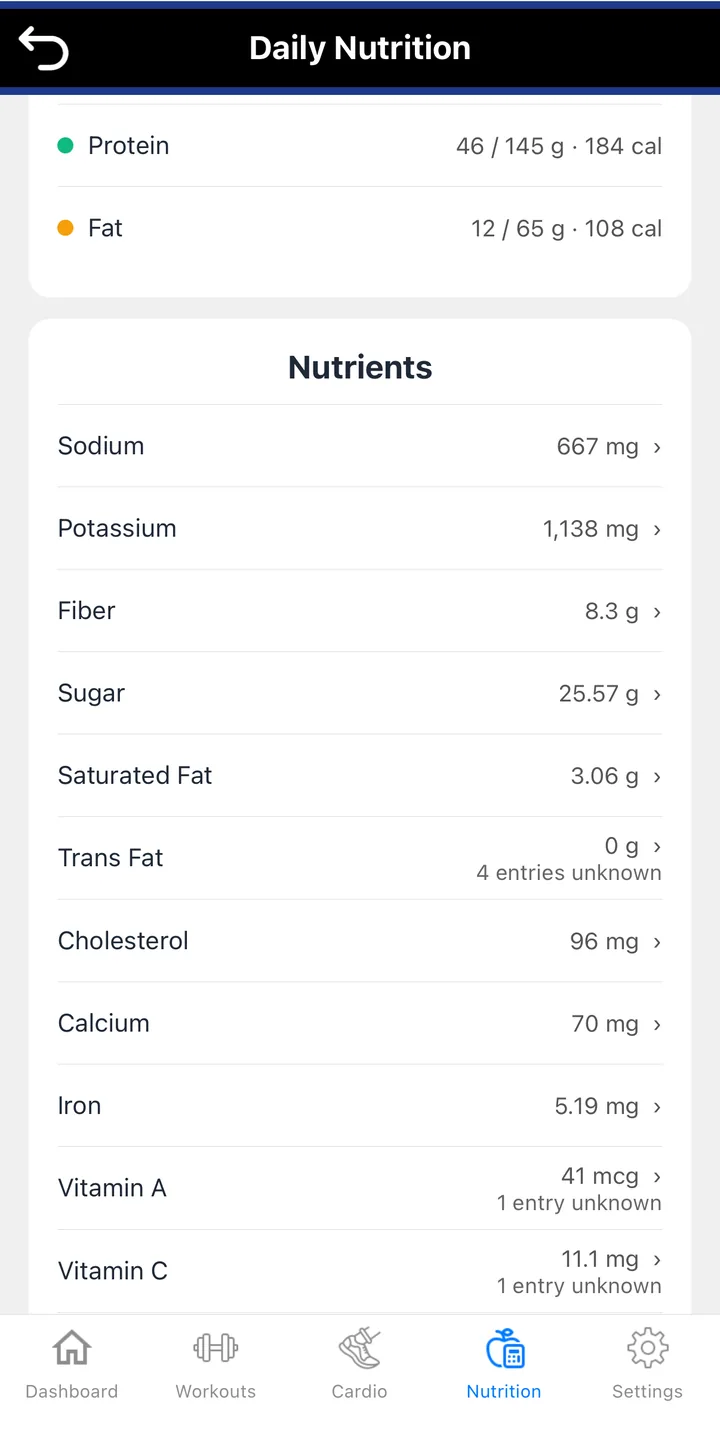 The Daily Nutrition screen's Nutrients list: sodium, potassium, fiber, sugar, saturated fat, trans fat, cholesterol, calcium, iron, vitamin A and vitamin C with today's amounts