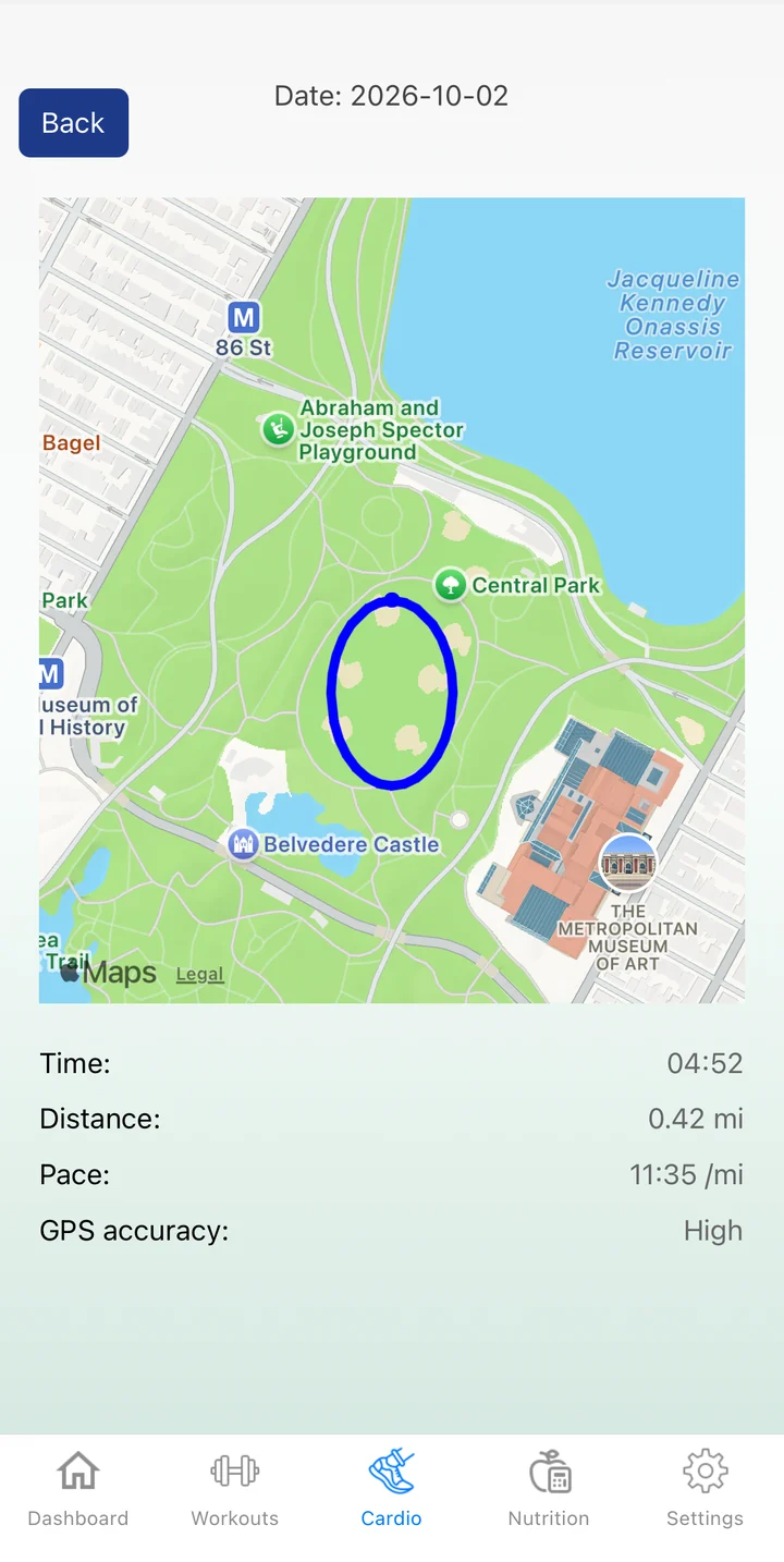 A run summary: the route on a map, time, distance in miles, pace per mile and GPS accuracy