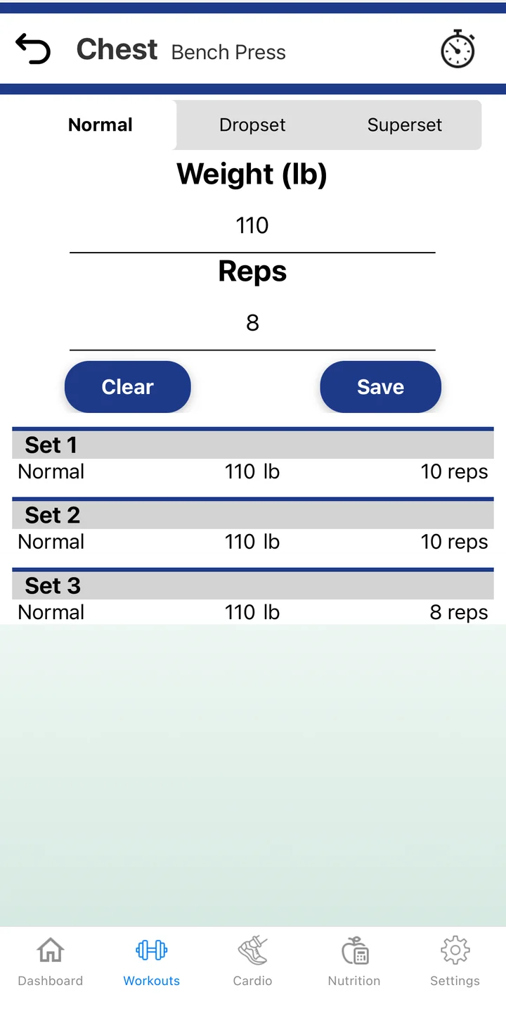 Logging a Bench Press set: weight and reps fields with Clear and Save, and three saved sets at 110 pounds
